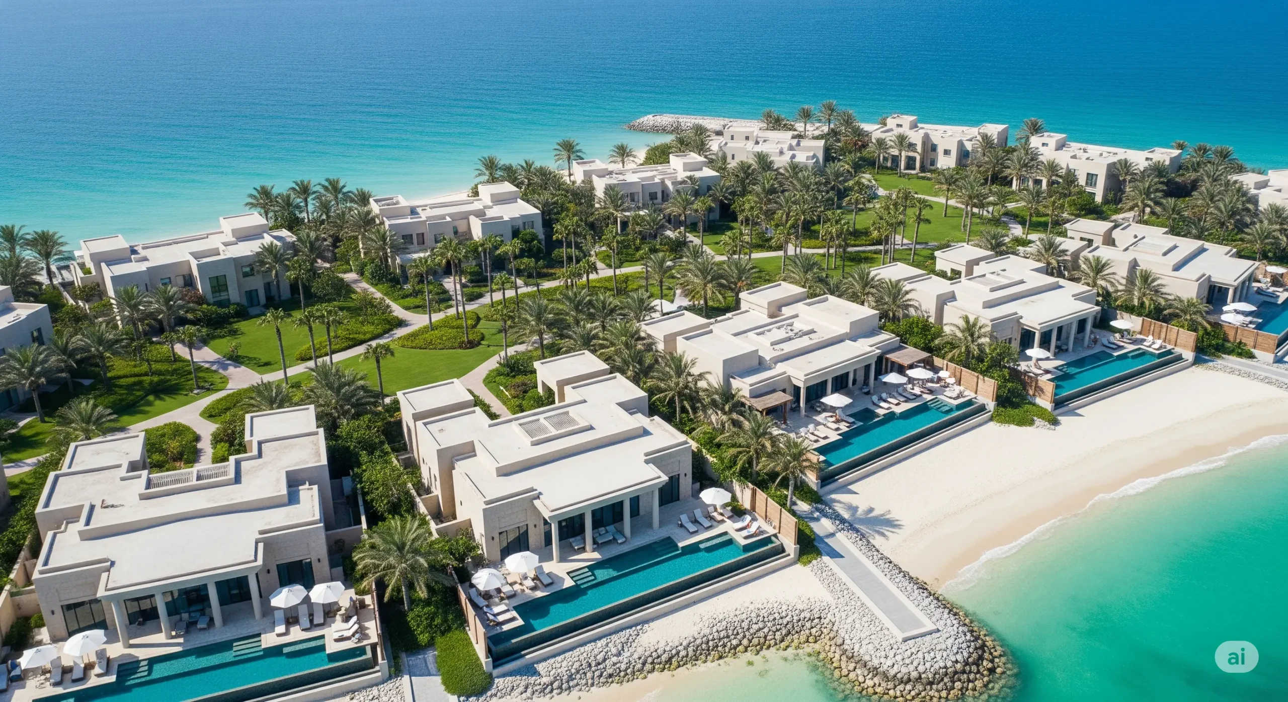 Aerial view of a private island resort near Abu Dhabi, showing multiple luxury villas with private pools, clear turquoise water, exclusive hideaway.