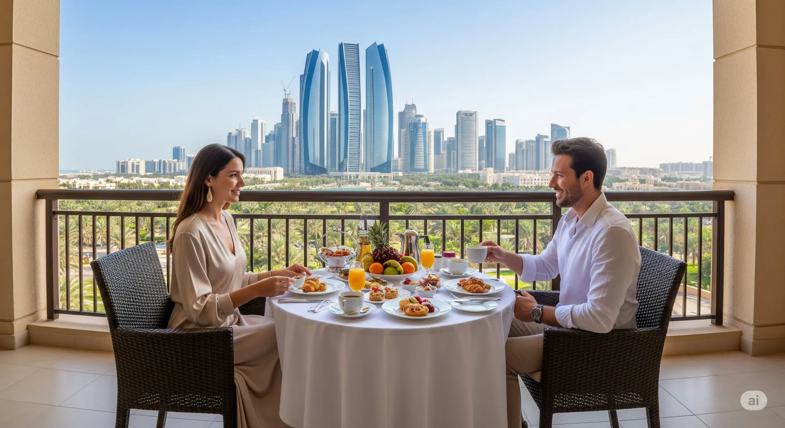 Elegant couple enjoying gourmet breakfast on a private balcony, stunning cityscape view of Abu Dhabi from a 5-star resort, high-end travel experience.