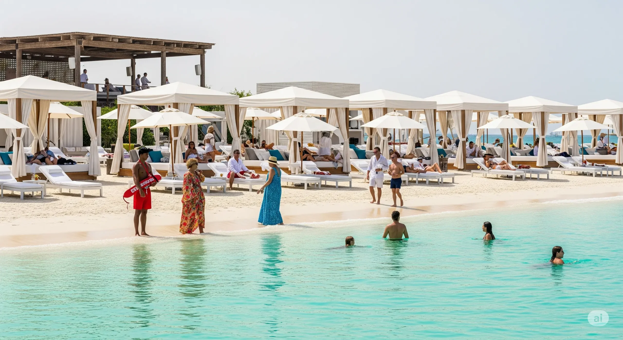 Exclusive private beach club in Abu Dhabi with white sands and luxury cabanas, showing serene high-end leisure.