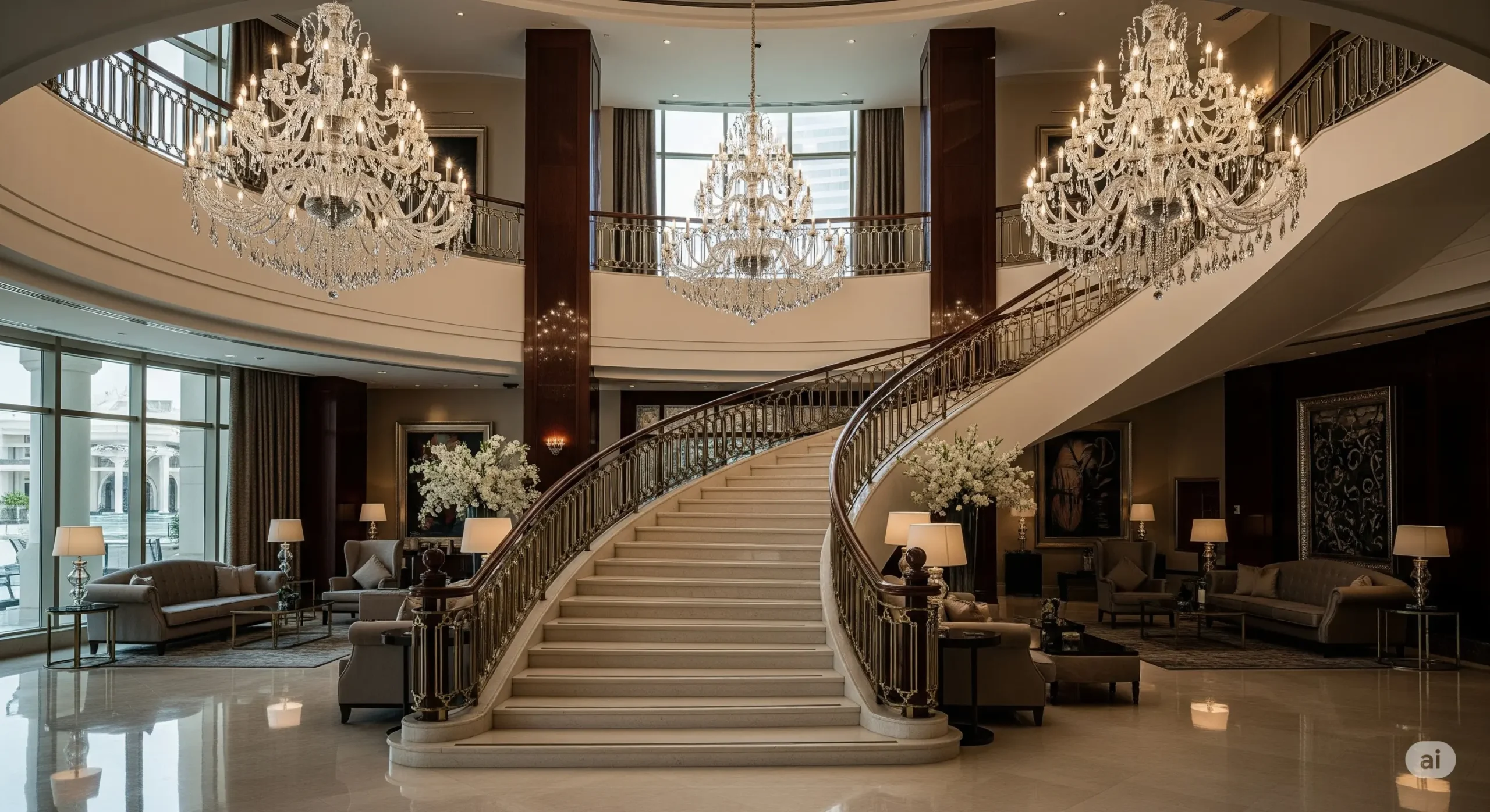 Grand opulent lobby of a Dubai 5-star hotel with crystal chandeliers, signaling luxury.