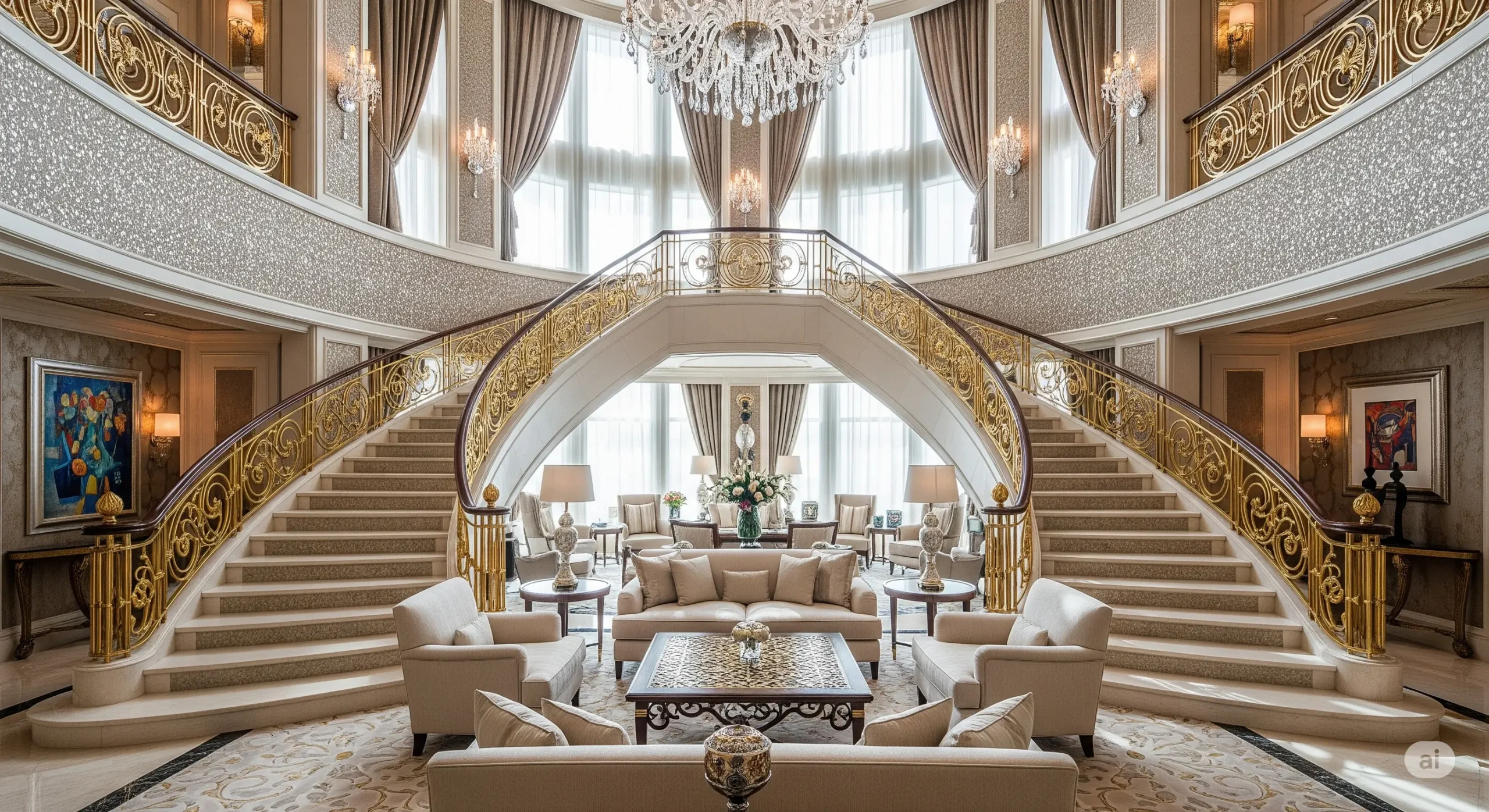 Grand staircase in a luxurious Dubai exclusive hotel suite.