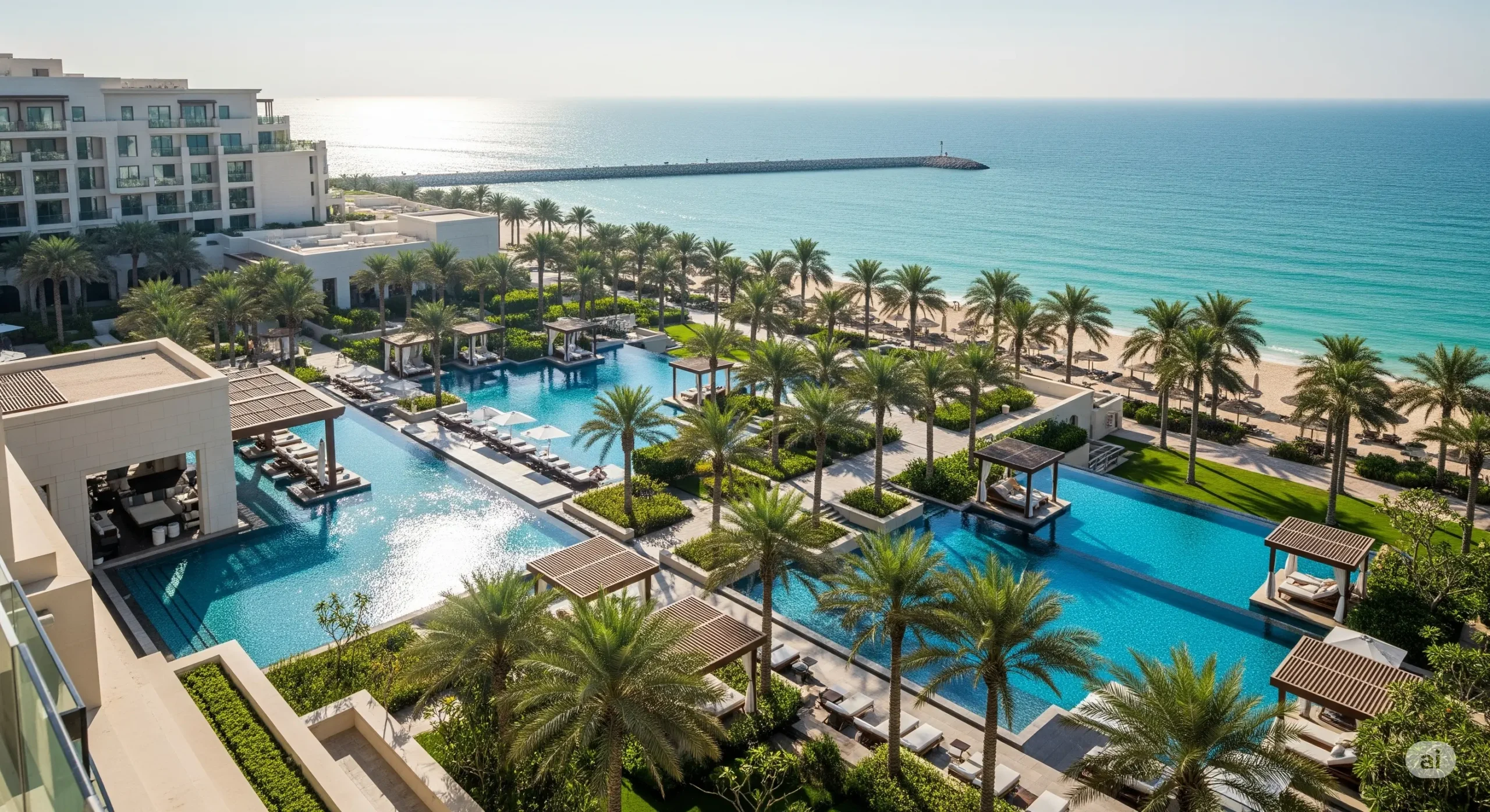 High-angle shot of a luxurious beachfront resort in Abu Dhabi, showing infinity pools, lush palm trees, and the Arabian Gulf, ideal for premium bookings.