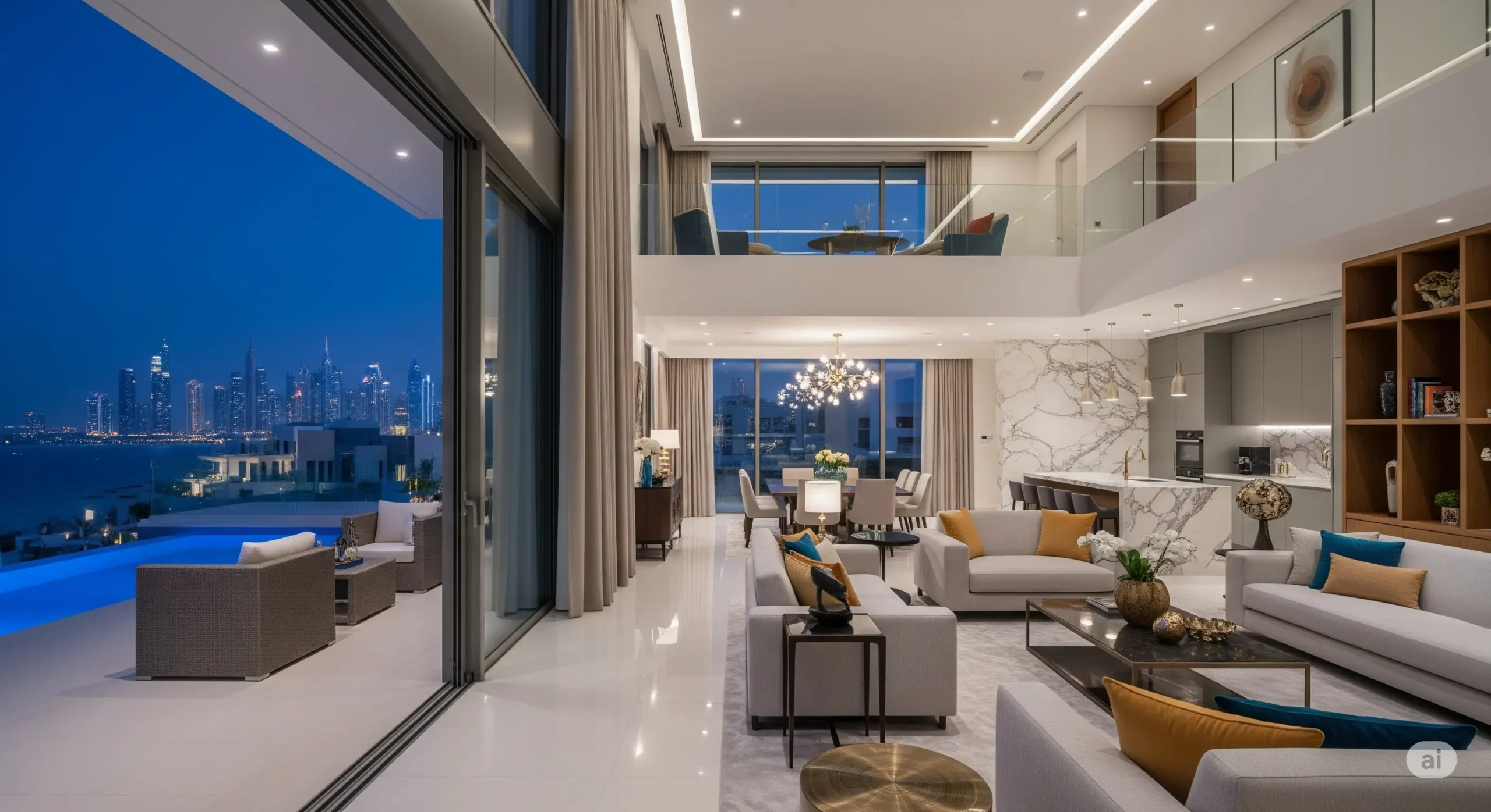 Interior of a bespoke private villa in Dubai with modern design and large windows, signaling premium accommodation.