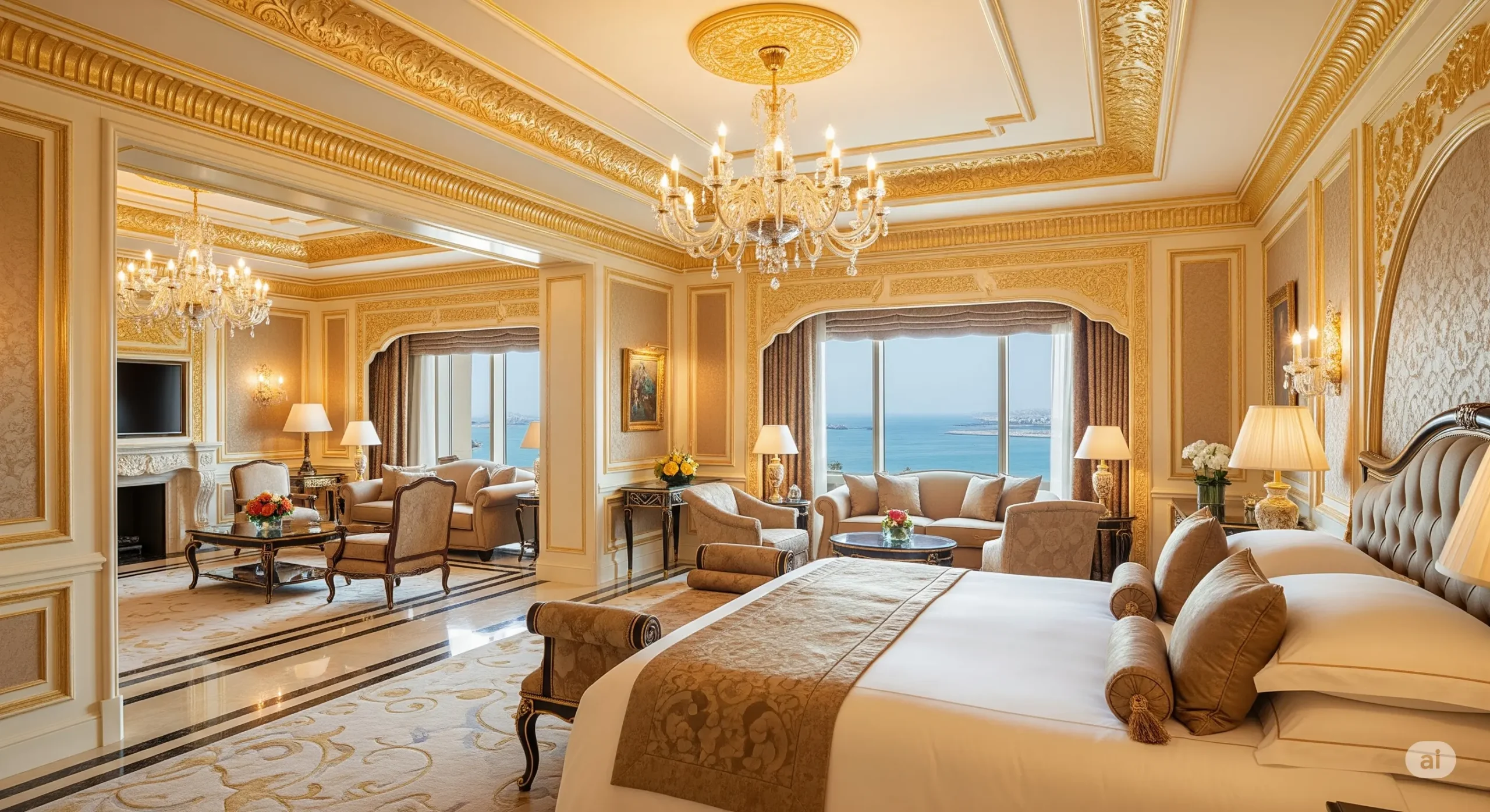 Lavish gold and marble interior of an Abu Dhabi palace suite.