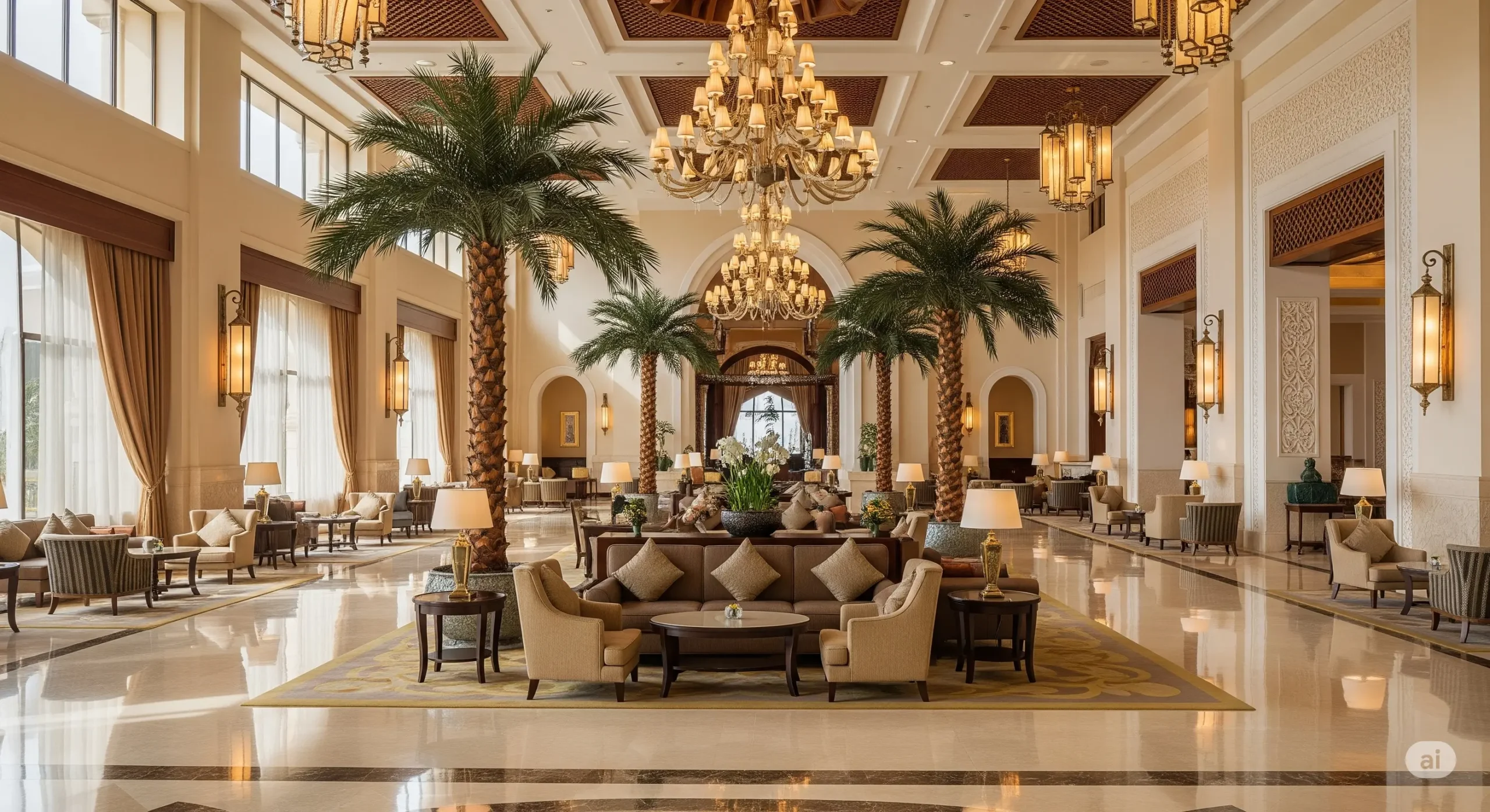 Opulent Abu Dhabi 5-star resort lobby, grand crystal chandeliers, marble floors, luxurious ambiance, Abu Dhabi 5-Star Resort Bookings.