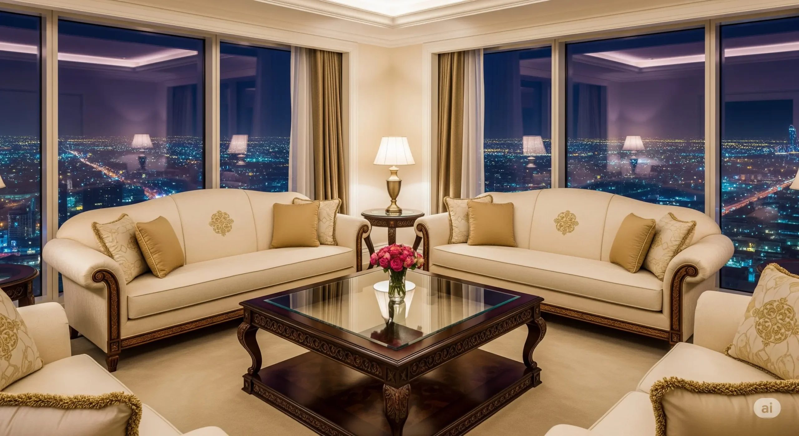 Opulent UAE exclusive hotel suite with city skyline view.