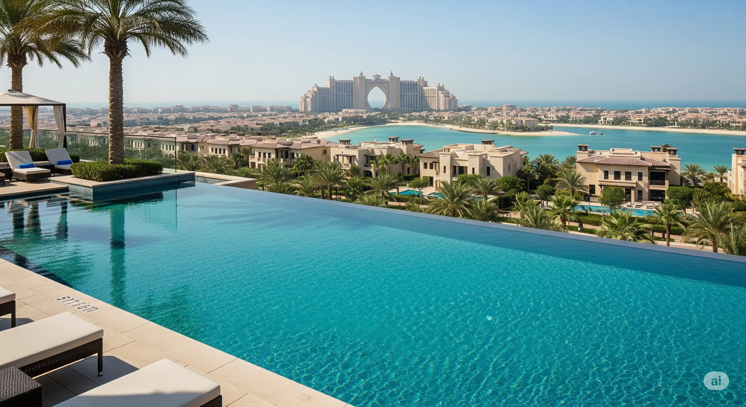 Panoramic view of an infinity pool at a Dubai luxury resort overlooking Palm Jumeirah villas.