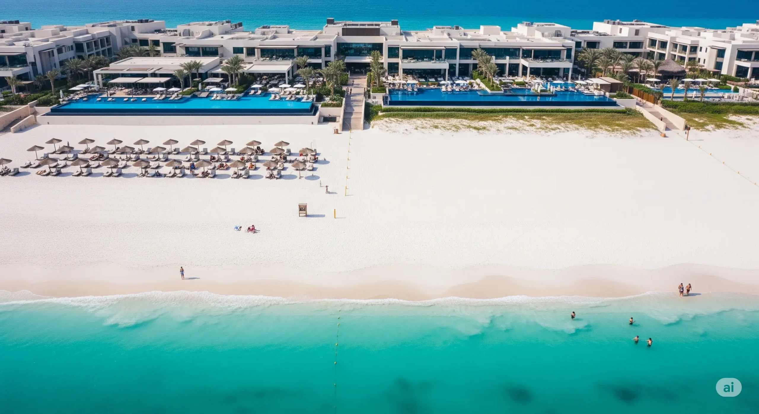 Pristine white sand beach at Saadiyat Island, luxury resort in the background, clear turquoise water, perfect for Abu Dhabi 5-Star Resort Bookings.