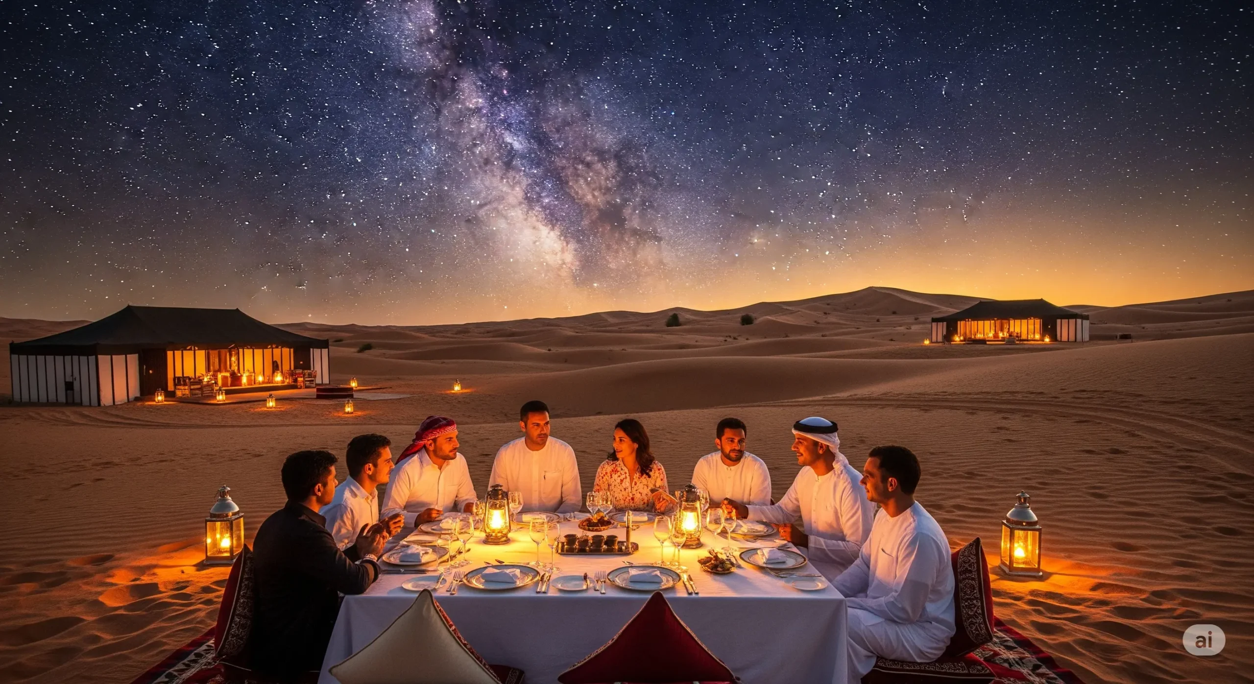 Private desert safari with gourmet dining under stars, showcasing a unique and high-end travel experience in UAE.