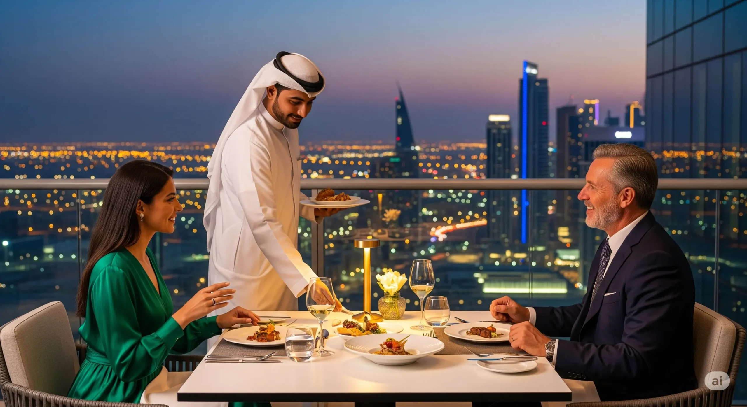 Private dining on a balcony of a UAE exclusive hotel suite.