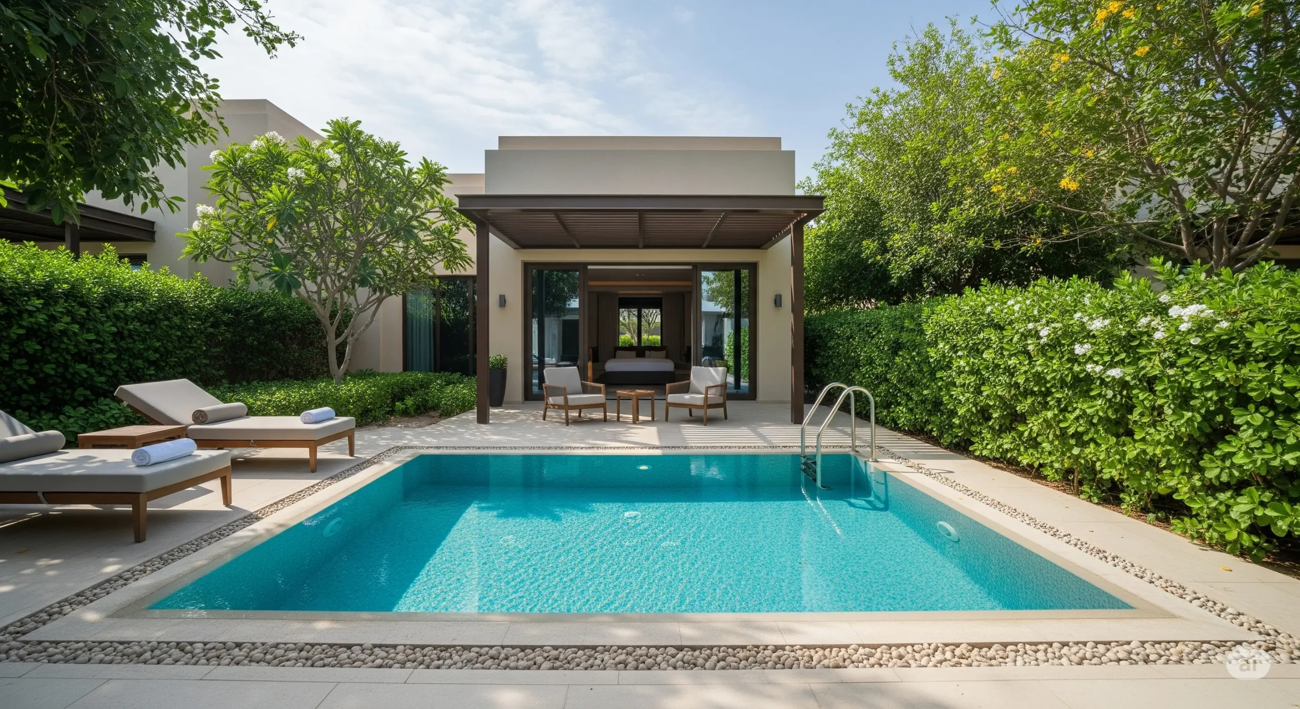 Private plunge pool in a luxury villa at an Abu Dhabi 5-star resort, surrounded by lush greenery, serene and exclusive setting.