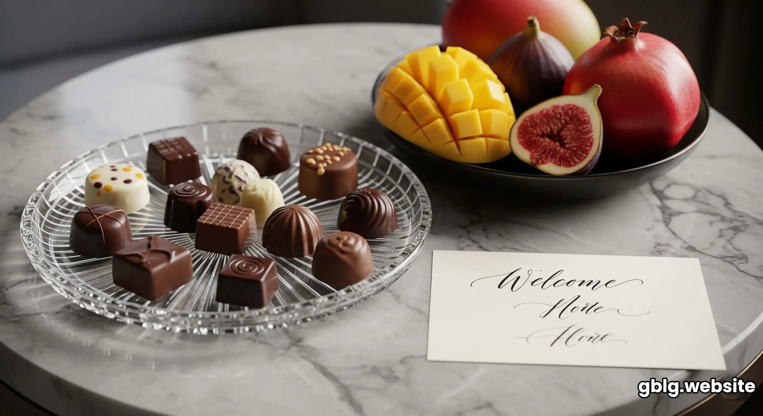 A close-up of a luxury welcome gift on a marble table, including gourmet chocolates and a personalized, handwritten note.