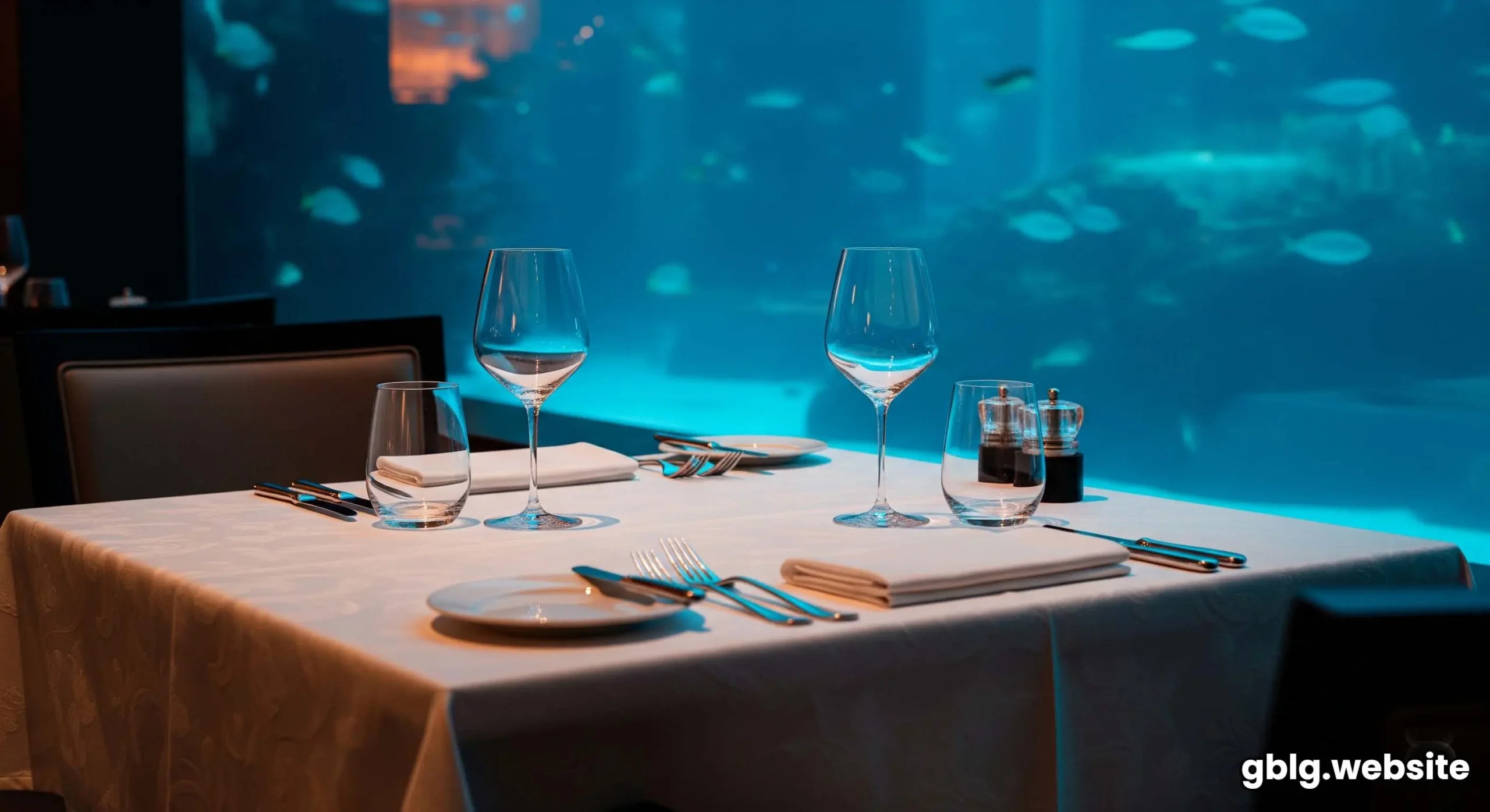 A couple dines at a table next to the giant, glowing aquarium at Ristorante L'Olivo inside the Burj Al Arab.