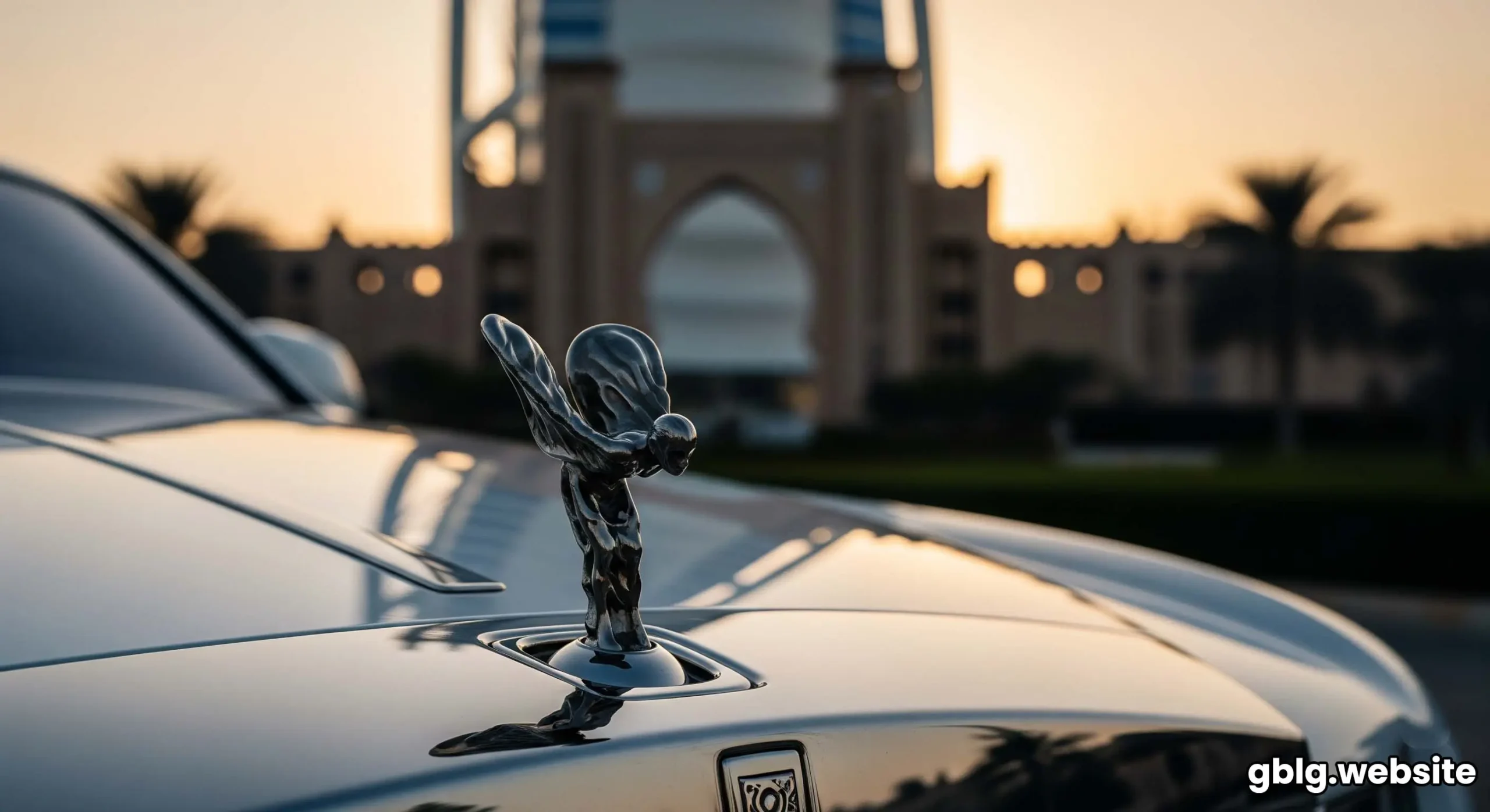 A fleet of white Rolls-Royce Phantoms lined up at the entrance of the sail-shaped Burj Al Arab hotel in Dubai.