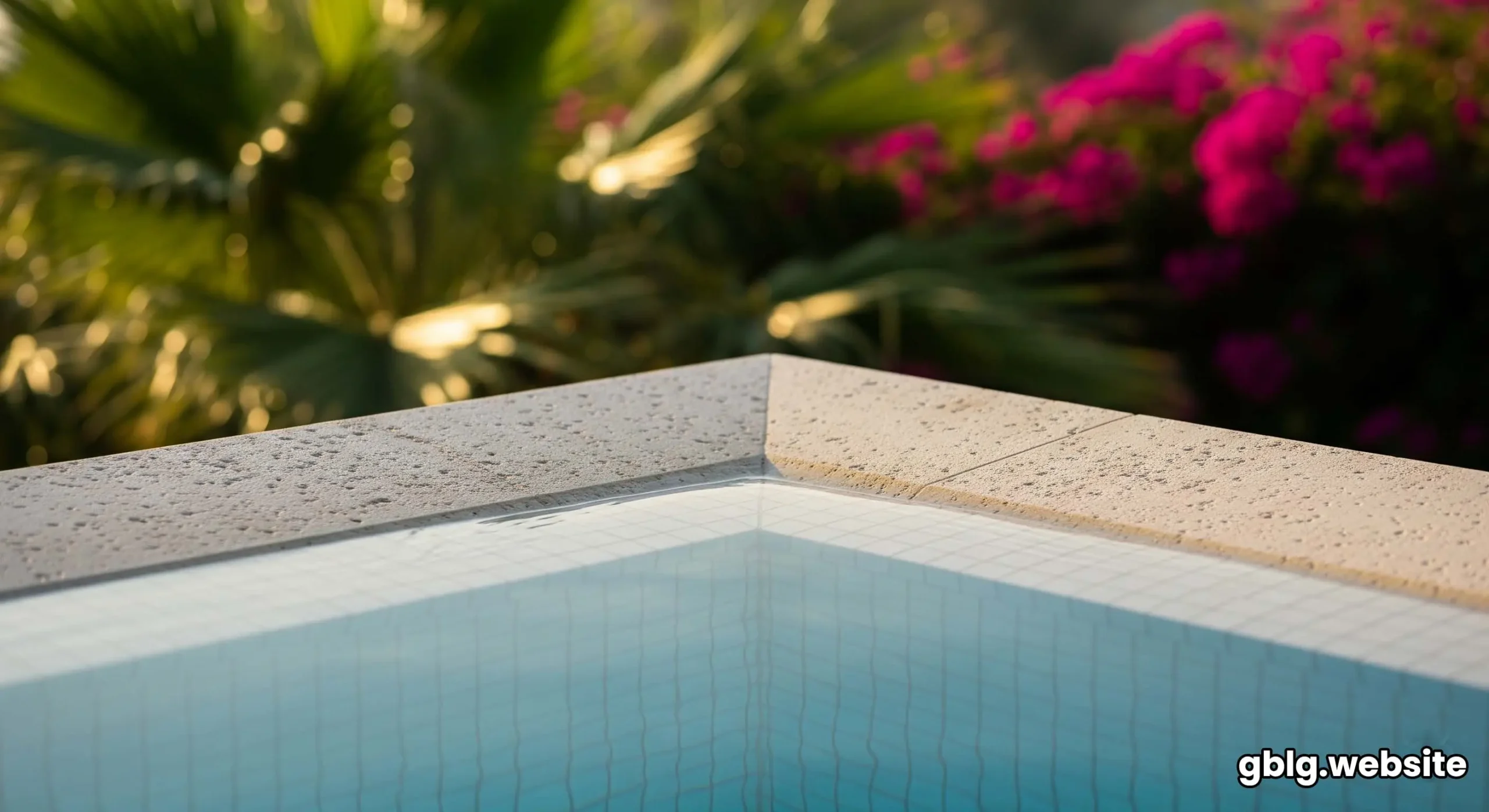 A sunlit private pool at a luxury Palm Jumeirah garden villa, surrounded by a lush green garden and pink flowers.